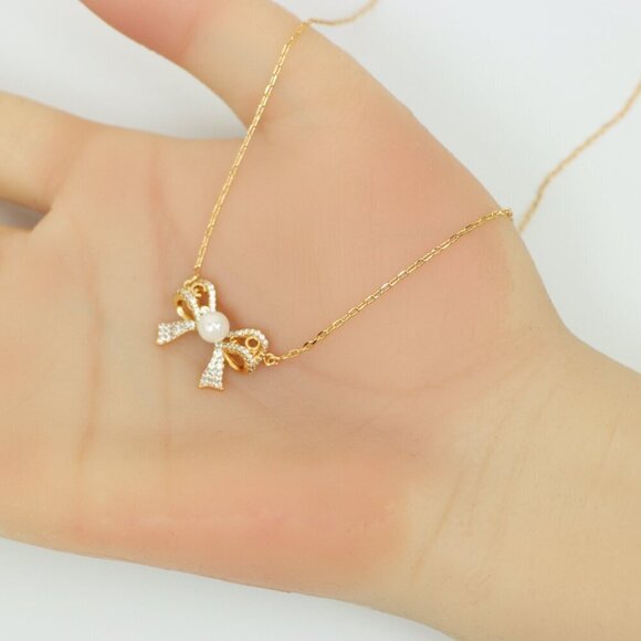 Rose Gold Bow Pendant Necklace with Pearl and Crystals , XPNL0171 - Picture 8 of 13